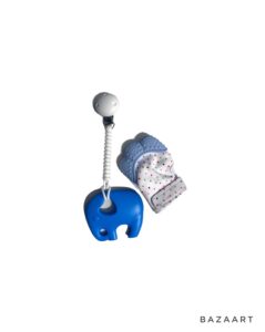 Blue elephant teething clip and teething mitten