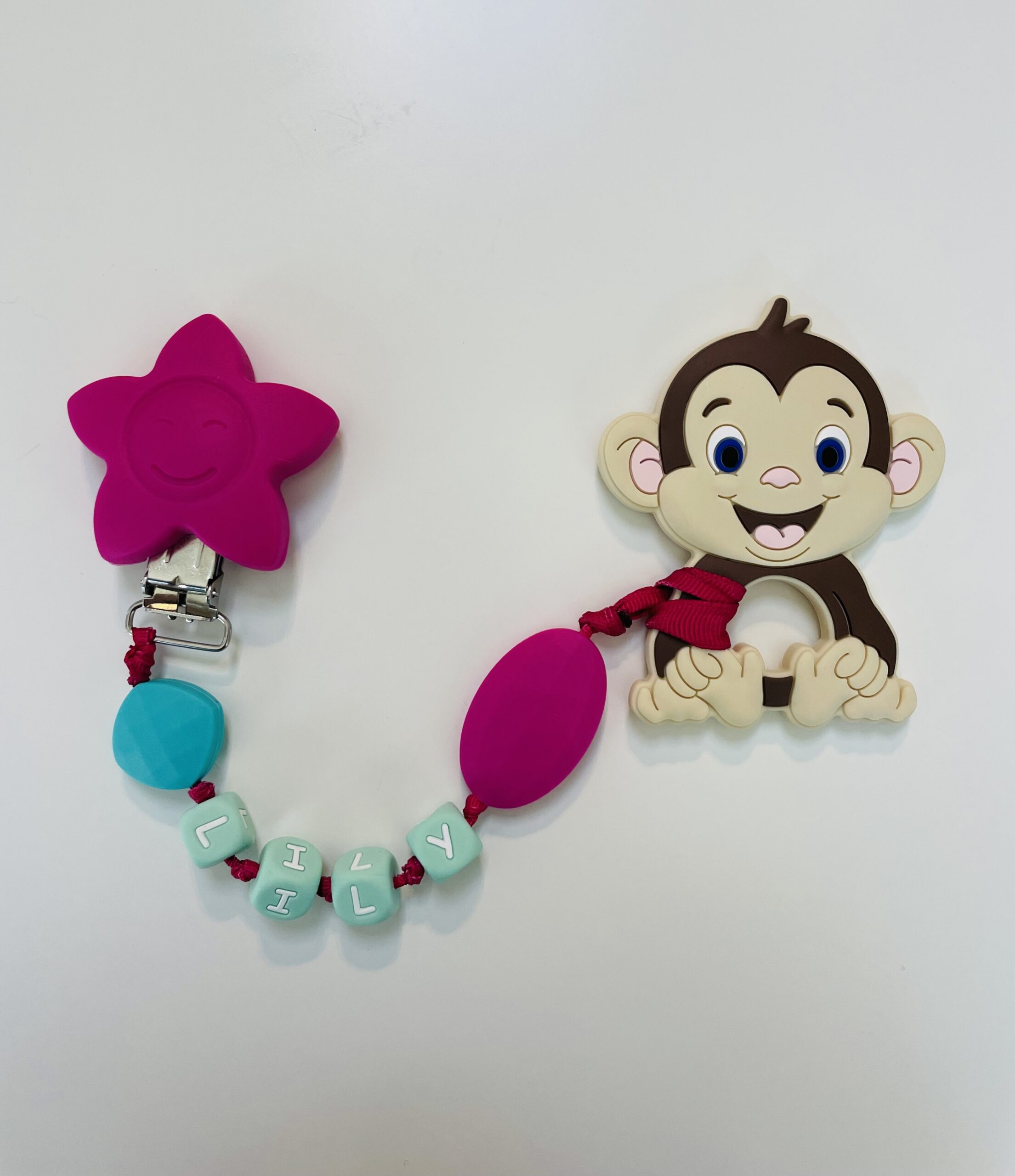 personalized monkey teething clip
