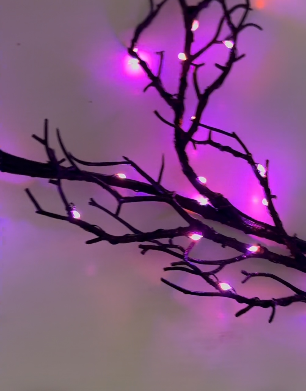 Lighted tree branch with bendable branches for home or holiday décor.