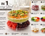 6-in-1 multi-functional acrylic cake stand with dome cover, serving platter, salad bowl, divided snack tray, and dessert display for parties and entertaining.