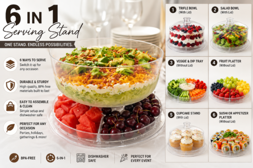 6-in-1 multi-functional acrylic cake stand with dome cover, serving platter, salad bowl, divided snack tray, and dessert display for parties and entertaining.