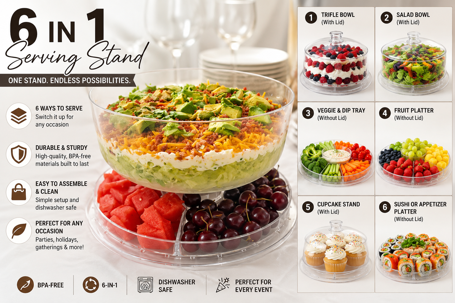 6-in-1 multi-functional acrylic cake stand with dome cover, serving platter, salad bowl, divided snack tray, and dessert display for parties and entertaining.