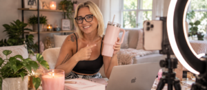 ugc content UGC creator filming a product video featuring a pink tumbler in a home studio.